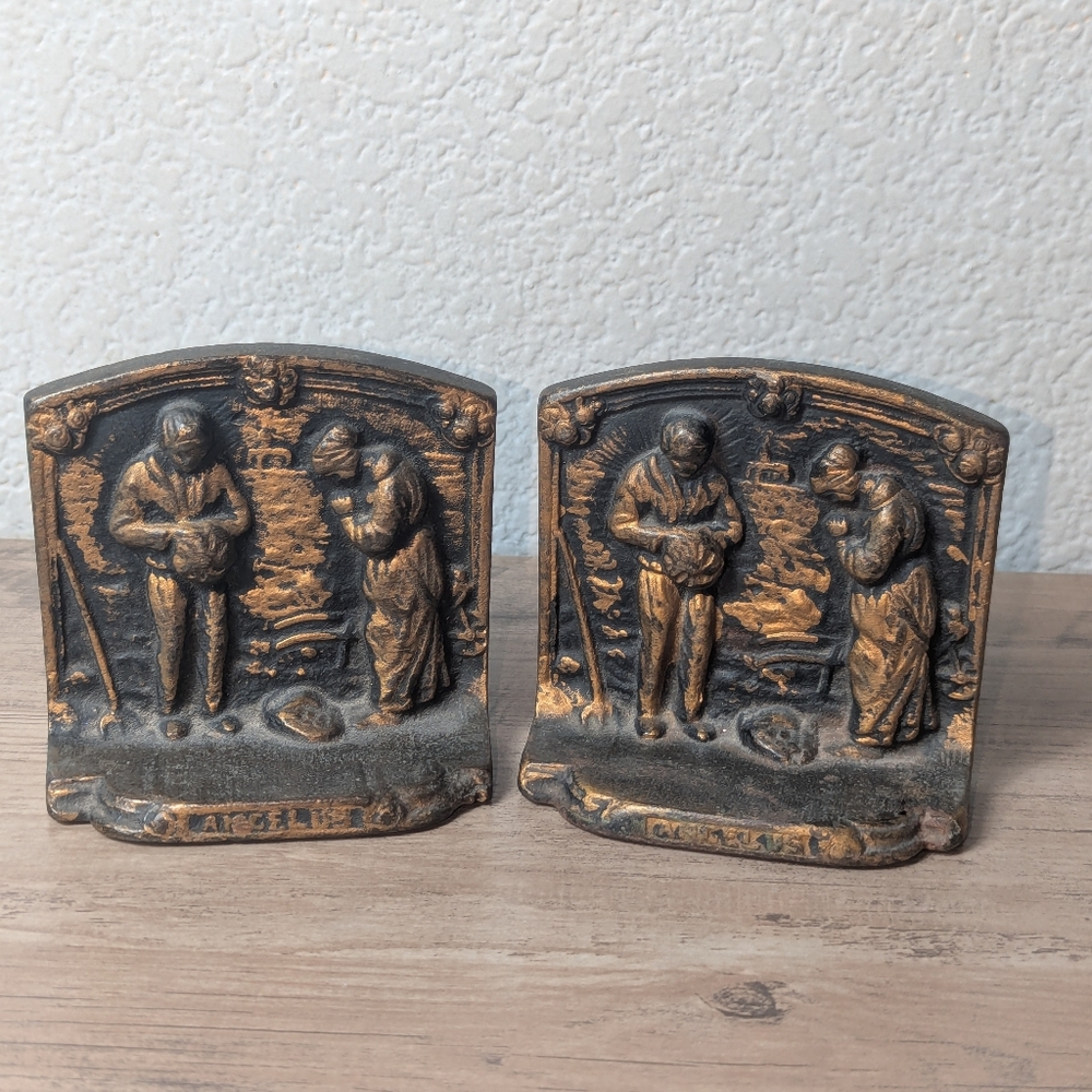 The Angelus Prayer bookends  brass over cast iron, farmers pray at harvest